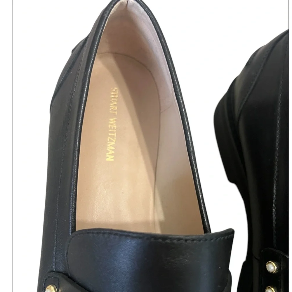 Stuart Weitzman Allpearls Black Leather Studded Lug Loafer | Classic Slip On